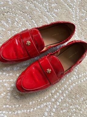 Tory Burch Bright Red Patent Loafers with Gold Logo